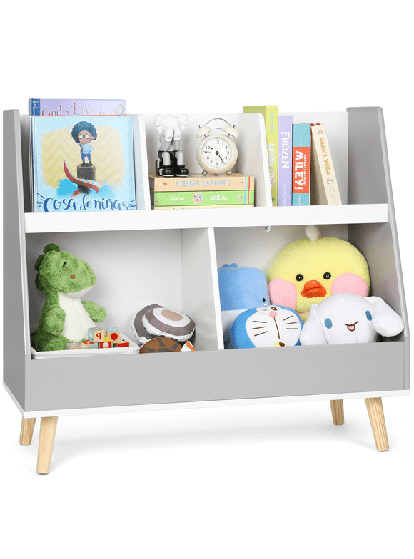 Cowiewie Kids Toy Storage Organizer 5 Bins, Toy Box Chest for Playroom Bedroom Living Room, White and Grey