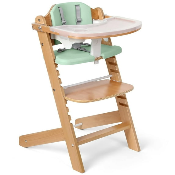 Cowiewie Wooden High Chair with 3 Tray, Toddler Feeding High Chair, 8 Height Adjustments, Green Cushion