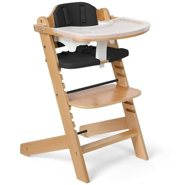 Cowiewie Wooden High Chair with 3 Tray, Toddler Feeding High Chair, 8 Height Adjustments, with Black Cushion and Harness