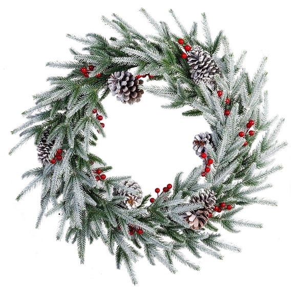 Cowin 28in Snow Flocked Christmas Wreath, Pre-Lit Artificial Frosty Christmas wreath with Crestwood Spruce, Decorated with Pine Cones, Berry Clusters, Frosted Branches