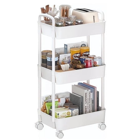 Cowin 3-Tier Metal Rolling Storage Cart Shelves Rolling Utility Cart Organizer Cart Movable Storage Organizer Bathroom Kitchen Office Workshop White
