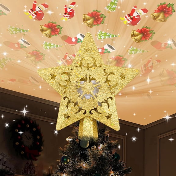 Christmas Tree Star Topper, Built-in Led Santa Claus Projector Pentagram Plug in Christmas Tree Ornament for Indoor Christmas New Year Holiday Tree Decor (Golden)