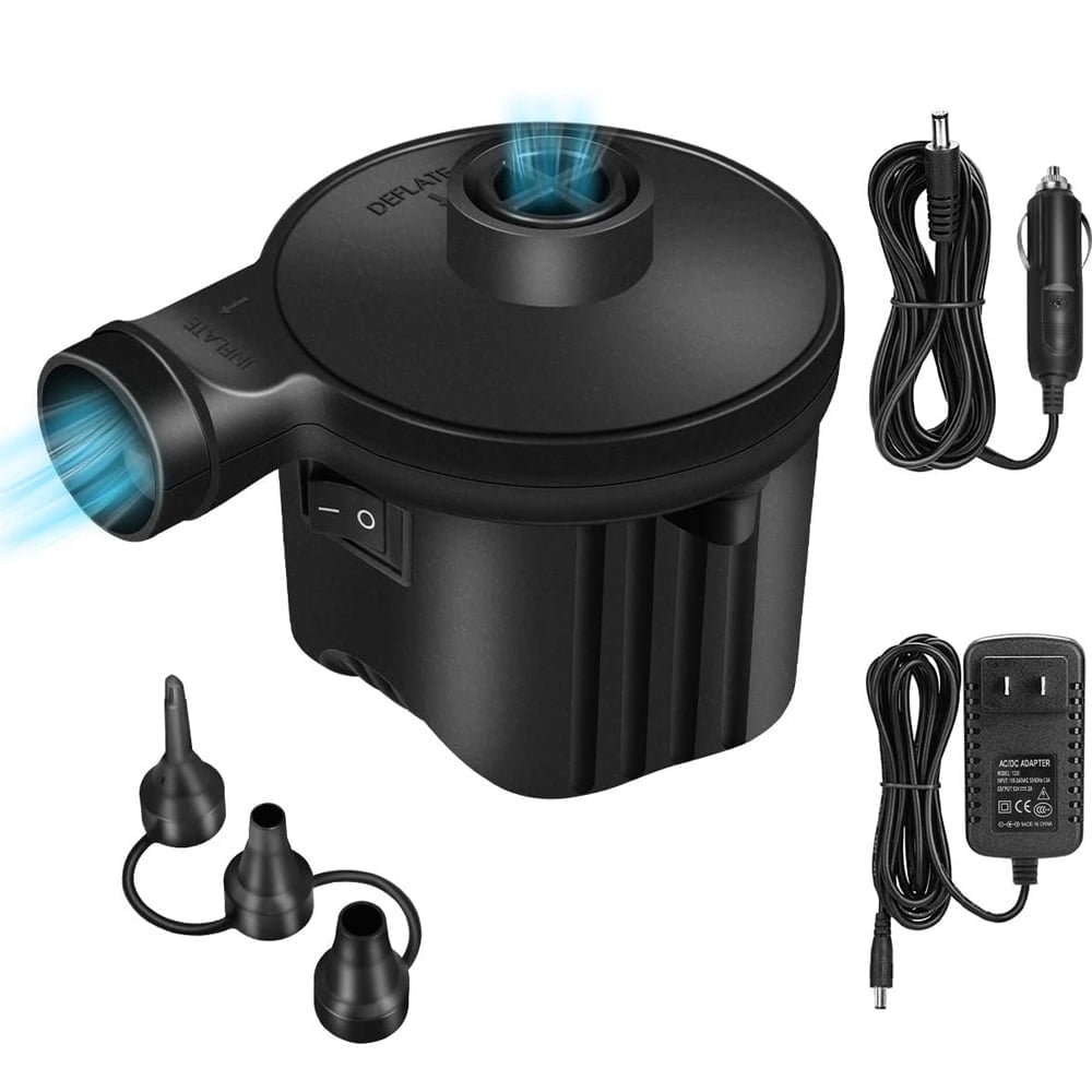 Cowin Electric Air Pump Portable Quick-Fill, 110V AC / 12V with 3 Nozzles Perfect Inflator/Deflator Pumps for Outdoor Camping, Inflatable Cushions, Air Mattress Beds, Boats, Swimming Ring, Black