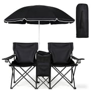 Cowin Outdoor Foldable Picnic Double Chair ,Camping Chairs with Umbrella Camping Double Portable Chairs Folding Beach Chair with Insulation Bag,Backpacking Black