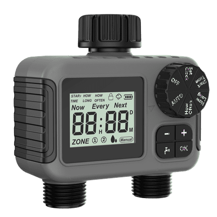Cowin Sprinkler Timer 2 Outlet, Outdoor Garden Hose Faucet Timers with Rain Delay/Manual/Automatic Watering System, Digital Irrigation Timer for Yard, Gray