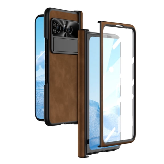 Cowithday All-inclusive Cover Case for Google Pixel Fold 5G 2023, Wireless Charging Camera Lens Protector Screen Protector Magnetic Hinge Protection Drop-Proof Shockproof Kickstand Case, Brown