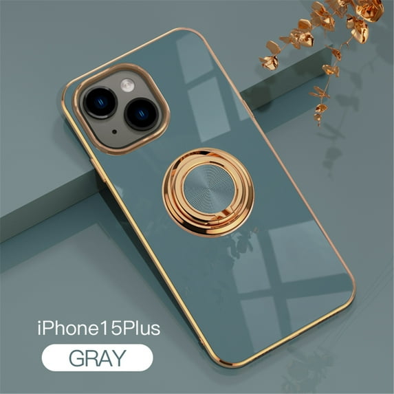 Cowithday for Apple iPhone 15 Plus Case with Ring Holder, iPhone 15+ Cover, Kickstand Magnetic Plating Frame TPU Shockproof Anti-Scratch Slim Girls Women Men Case Cover for iPhone 15 Plus, Gray