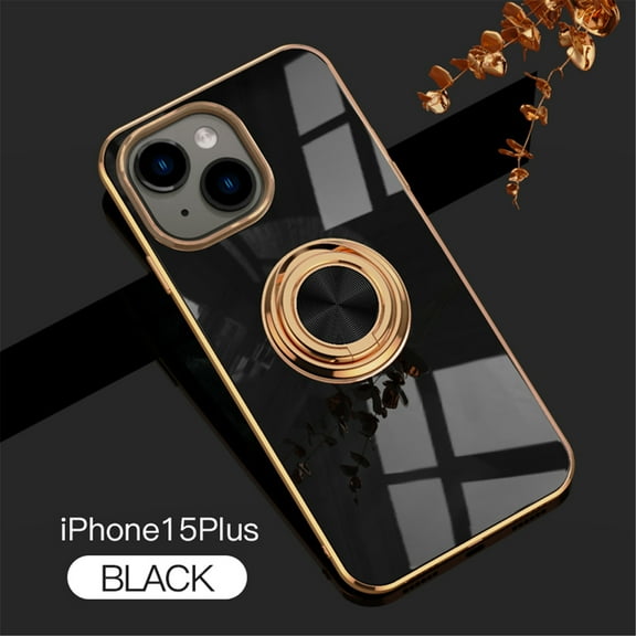 Cowithday for Apple iPhone 15 Plus Case with Ring Holder, iPhone 15+ Cover, Kickstand Magnetic Plating Frame TPU Shockproof Anti-Scratch Slim Girls Women Men Case Cover for iPhone 15 Plus, Black