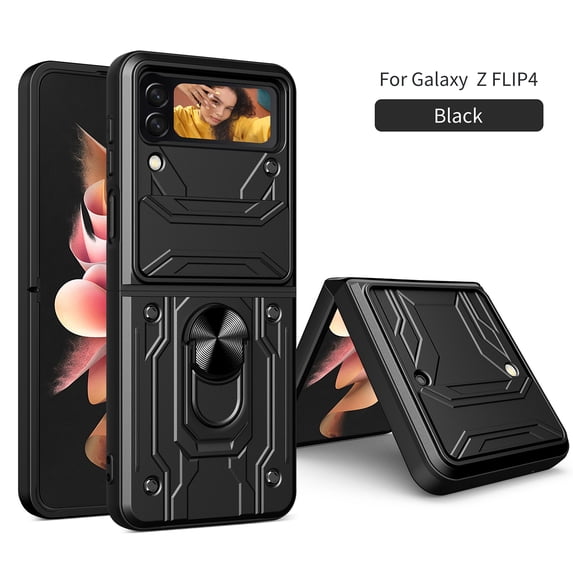 Cowithday Case for Samsung Galaxy Z Flip4 with Camera Cover & Kickstand, Slide Lens Protection 360°Rotate Ring Hybrid Rugged Bumper Shockproof Case Cover for Samsung Z Flip 4 5G 6.7" 2022, Black