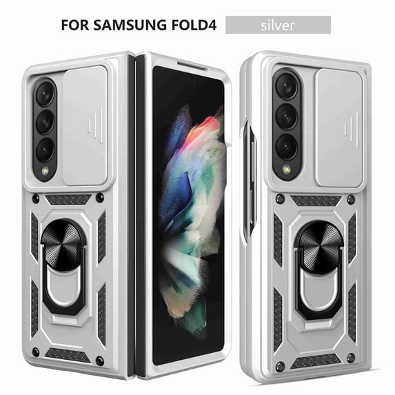 Cowithday Case for Samsung Galaxy Z Fold4 with Camera Cover & Kickstand, Slide Lens Protection 360°Rotate Ring Hybrid Rugged Bumper Shockproof Case Cover for Samsung Z Fold 4 5G 7.6" 2022, Silver