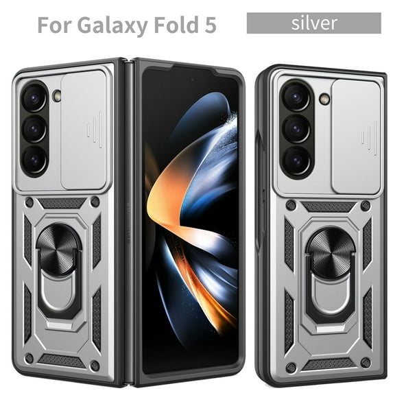 Cowithday Case for Samsung Galaxy Z Fold5 with Camera Cover & Kickstand, Slide Lens Protection 360°Rotate Ring Hybrid Rugged Bumper Shockproof Case Cover for Samsung Z Fold 5 5G 7.3" 2023, Silver