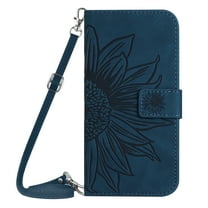 Cowithday Crossbody Wallet Phone Cover Case for Apple iPhone 15 5G 2023, Embossed Sunflower Shockproof Lanyard Shoulder Strap Slim Handbag Purse Flip Case for iPhone 15 6.1-inch, Inkblue