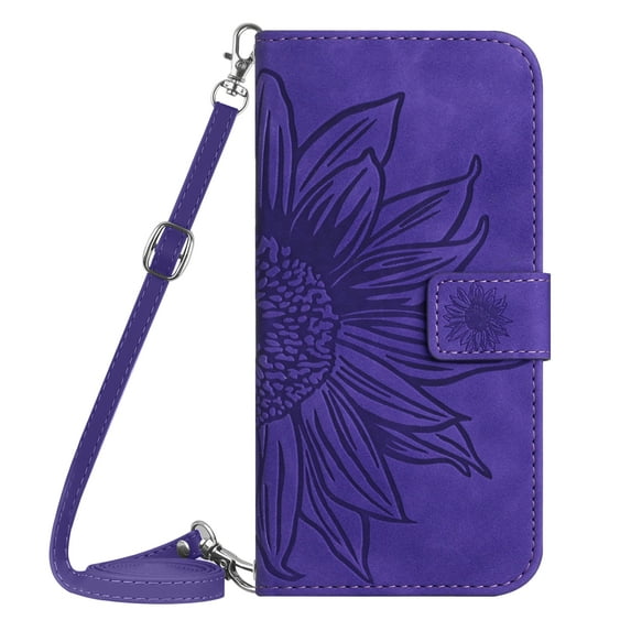 Cowithday Crossbody Wallet Phone Cover Case for Samsung Galaxy A13 5G 2021, Embossed Sunflower Shockproof Lanyard Shoulder Strap Slim Handbag Purse Flip Case for Samsung A13 6.5", Darkpurple