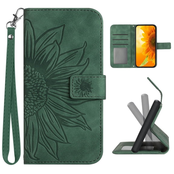 Cowithday Flip Wallet Cover Case for Google Pixel 6 Pro Phone, Pixel 6 Pro 5G Cases for Cell Phones, PU Leather Embossed Sunflower Shockproof Slim Case for Google Pixel 6 Pro 5G 6.7 inch, Green