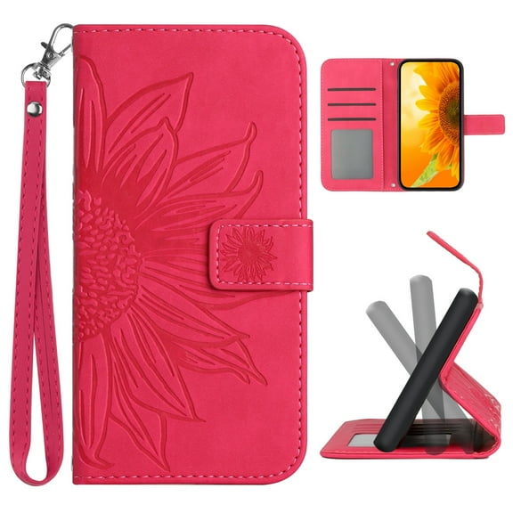 Cowithday Flip Wallet Cover Case for Google Pixel 8a Phone, Pixel 8a 5G Cases for Cell Phones, PU Leather Embossed Sunflower Shockproof Kickstand Slim Case for Google Pixel 8a 5G 2024, Rose