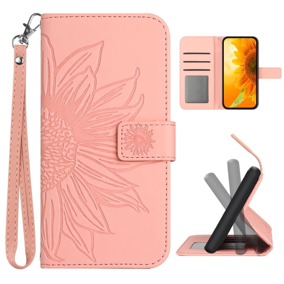 Cowithday Flip Wallet Cover Case for Google Pixel 8a Phone, Pixel 8a 5G Cases for Cell Phones, PU Leather Embossed Sunflower Shockproof Kickstand Slim Case for Google Pixel 8a 5G 2024, Pink