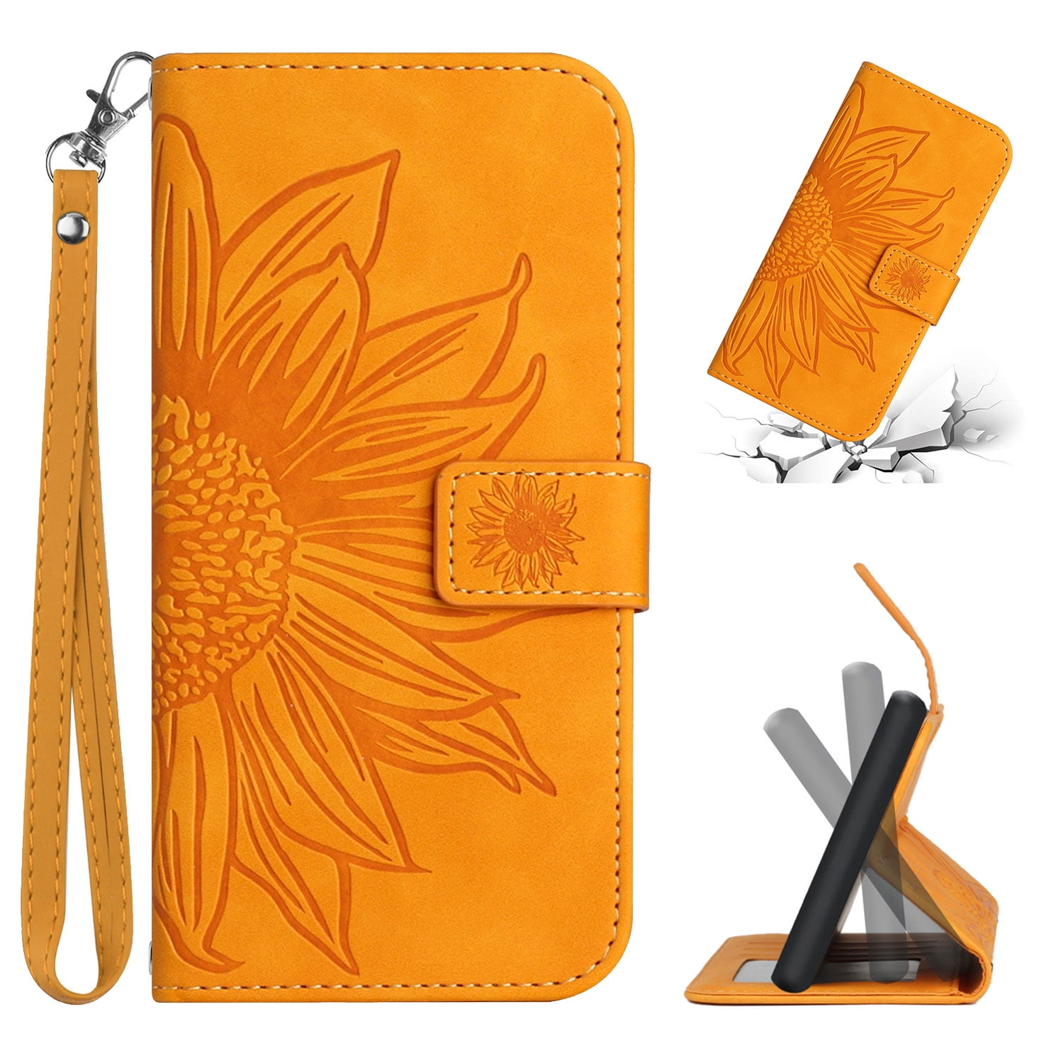 Cowithday Flip Wallet Cover Case for Samsung Galaxy A05 Phone, A05 Cases for Cell Phones, PU Leather Embossed Sunflower Shockproof Kickstand Slim Case for Samsung A05 6.7 inch 2023, Yellow 