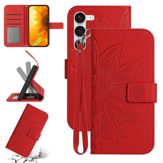 Cowithday Flip Wallet Cover Case for Samsung Galaxy A15 Phone, A15 Cases for Cell Phones, PU Leather Embossed Sunflower Shockproof Kickstand Slim Case for Samsung A15 6.5 inch, Red