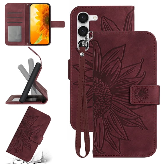 Cowithday Flip Wallet Cover Case for Samsung Galaxy A15 Phone, A15 Cases for Cell Phones, PU Leather Embossed Sunflower Shockproof Kickstand Slim Case for Samsung A15 6.5 inch, Winered