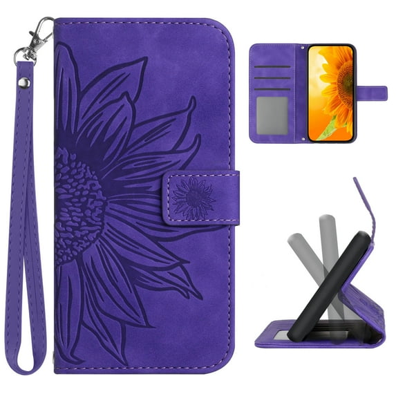 Cowithday Flip Wallet Cover Case for Samsung Galaxy A25 5G Phone, A25 5G Cases for Cell Phones, PU Leather Embossed Sunflower Shockproof Kickstand Slim Case for Samsung A25 5G 6.5 inch, Darkpurple