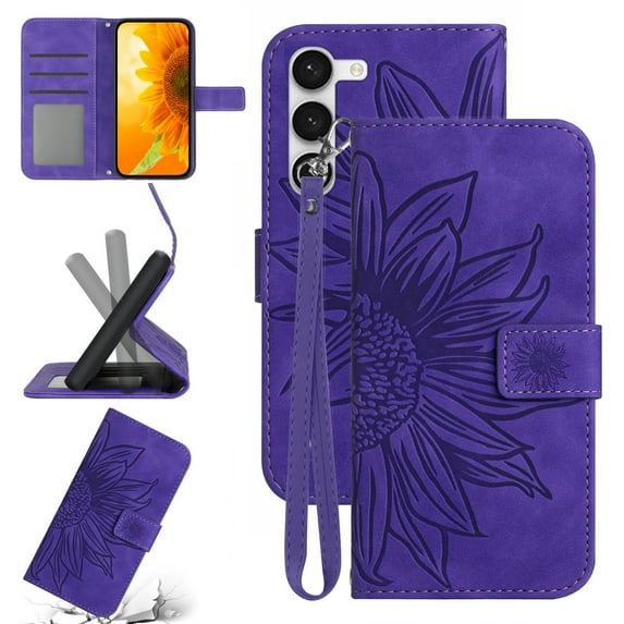 Cowithday Flip Wallet Cover Case for Samsung Galaxy A55 5G Phone, A55 5G Cases for Cell Phones, PU Leather Embossed Sunflower Shockproof Kickstand Slim Case for Samsung A55 5G 6.5 inch, Darkpurple