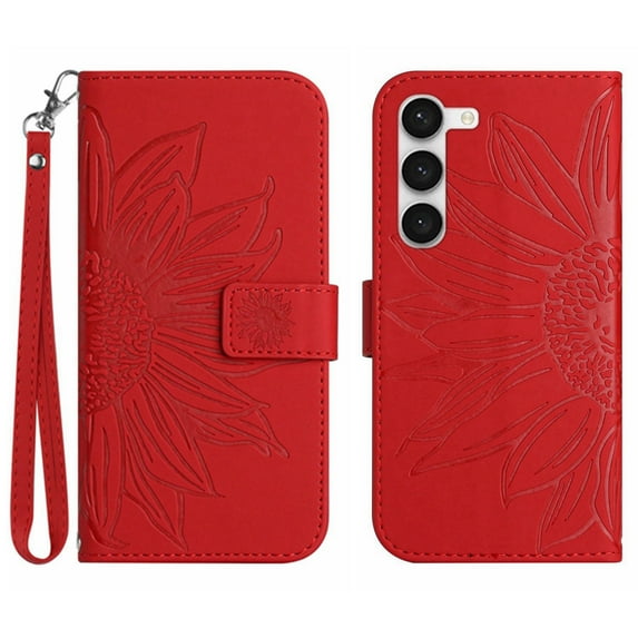 Cowithday Flip Wallet Cover Case for Samsung Galaxy S23 FE 5G Phone, S23 FE TPU Case, PU Leather Embossed Sunflower Shockproof Kickstand Slim Magnetic Case for Samsung S23 FE 5G 6.4 inch, Red