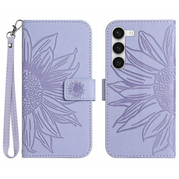 Cowithday Flip Wallet Cover Case for Samsung Galaxy S23 FE 5G Phone, S23 FE TPU Case, PU Leather Embossed Sunflower Shockproof Kickstand Slim Magnetic Case for Samsung S23 FE 5G 6.4 inch, Light Purple