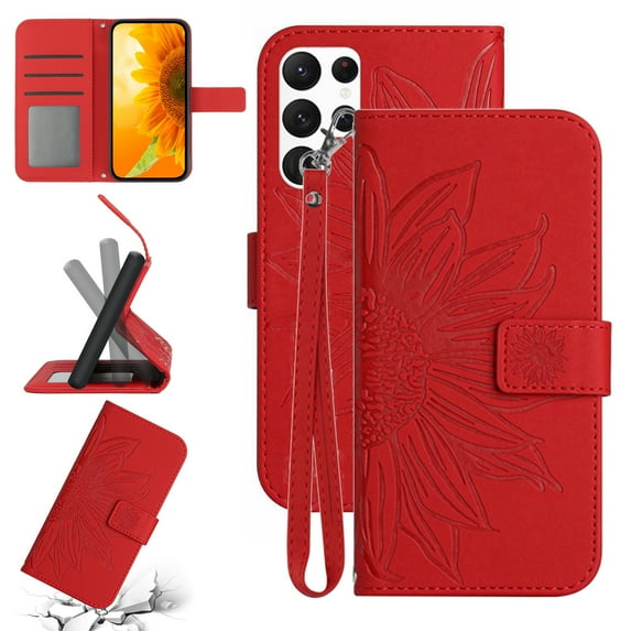 Cowithday Flip Wallet Cover Case for Samsung Galaxy S24 Ultra 5G Phone, S24 Ultra TPU Case, PU Leather Embossed Sunflower Shockproof Kickstand Slim Magnetic Case for Samsung S24 Ultra 5G, Red
