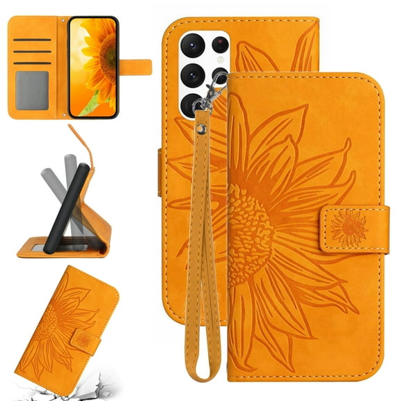 Cowithday Flip Wallet Cover Case for Samsung Galaxy S24 Ultra 5G Phone, S24 Ultra TPU Case, PU Leather Embossed Sunflower Shockproof Kickstand Slim Magnetic Case for Samsung S24 Ultra 5G, Yellow
