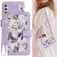 thumbnail image 1 of Cowithday Galaxy A15 Case, PU Leather Magnetic Closure RFID Blocking Card Slots Kickstand Shockproof Flip Wallet Handbag Flowers Case Cover with Wrist Strap Shoulder Strap for Women & Girl, Purple, 1 of 11