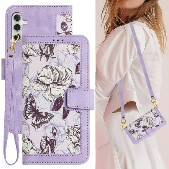Cowithday Galaxy A15 Case, PU Leather Magnetic Closure RFID Blocking Card Slots Kickstand Shockproof Flip Wallet Handbag Flowers Case Cover with Wrist Strap Shoulder Strap for Women & Girl, Purple