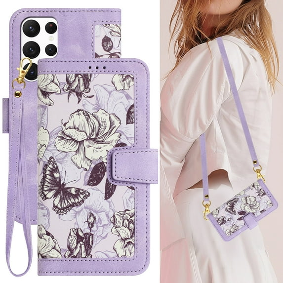 Cowithday Galaxy S23 Ultra 5G Case, Magnetic Closure RFID Blocking Card Slots Kickstand Shockproof Flip Wallet Handbag Flowers Case Cover with Wrist Strap Shoulder Strap for Women & Girl, Purple