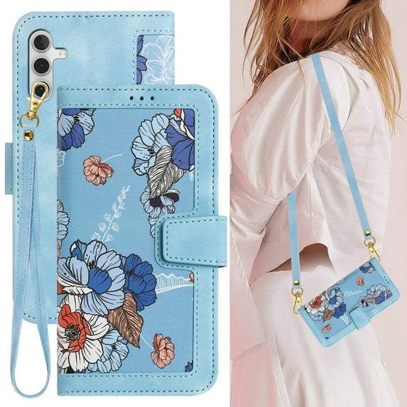 Cowithday Galaxy S24 5G Case, PU Leather Magnetic Closure RFID Blocking Card Slots Kickstand Shockproof Flip Wallet Handbag Flowers Case Cover with Wrist Strap Shoulder Strap for Women & Girl, Blue