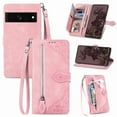 thumbnail image 1 of Cowithday for Google Pixel 7 Wallet Case for Men Women, Pixel 7 5G Cover, Embossed PU Leather Magnet Buckle Card Slots Zipper Pocket Lanyard Wrist Strap Handbag All-inclusive Protective Case, Pink, 1 of 11