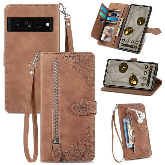 Cowithday for Google Pixel 7a Wallet Case for Men Women, Pixel 7a 5G Cover, Embossed PU Leather Magnet Buckle Card Slots Zipper Pocket Lanyard Wrist Strap Handbag All-inclusive Protective Case, Brown