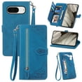 thumbnail image 1 of Cowithday for Google Pixel 8 Wallet Case for Men Women, Pixel 8 5G Cover, Embossed PU Leather Magnet Buckle Card Slots Zipper Pocket Lanyard Wrist Strap Handbag All-inclusive Protective Case, Blue, 1 of 8