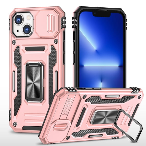 Cowithday Heavy Duty Rugged Case for iPhone 13, Case with Rotatable Ring Kickstand & Slide Camera Cover, Support Magnetic Car Mount, Soft TPU Shockproof Hard PC Back Case - Rosegold