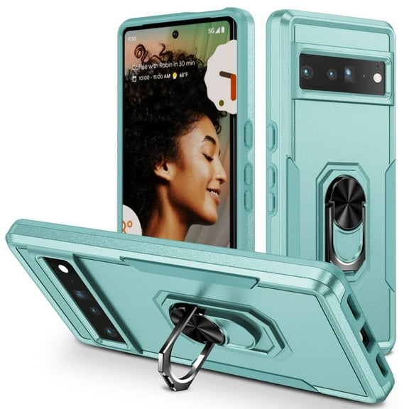Cowithday Hybrid Rugged Case for Google Pixel 6 5G 6.4" Phone, Military Grade Heavy Duty Shockproof Rotatable Magnetic Ring Holder Kickstand Armor Dual Layer Cover for Google Pixel 6, Green