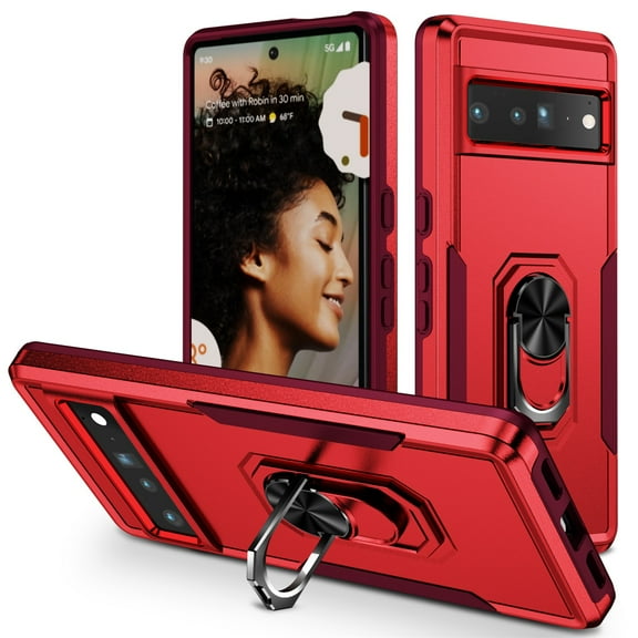 Cowithday Hybrid Rugged Case for Google Pixel 6 Pro 5G 6.7" Phone, Military Grade Heavy Duty Shockproof Rotatable Magnetic Ring Holder Kickstand Armor Dual Layer Cover for Google Pixel 6 Pro, Red