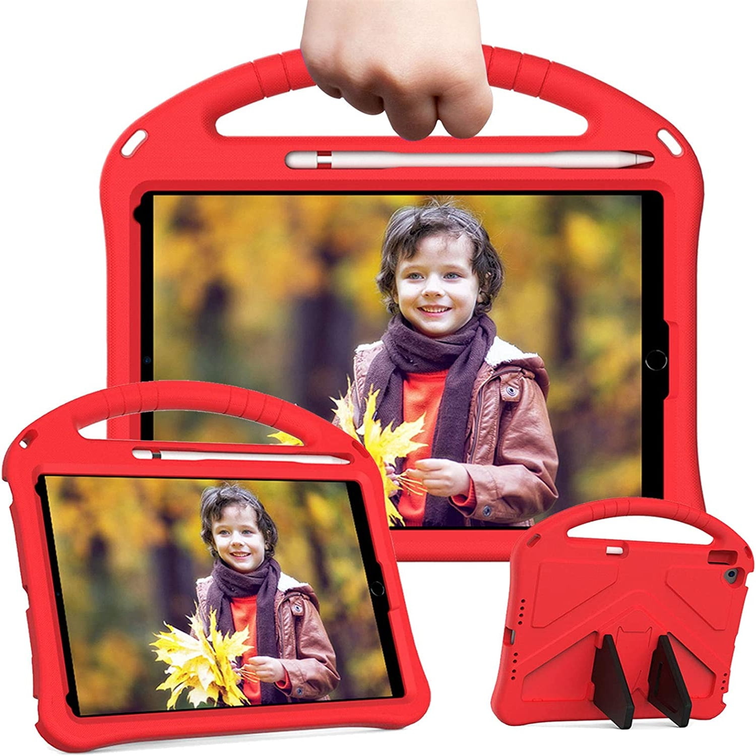Cowithday Kids Case for iPad 9th/8th/7th Generation iPad 10.2 inch 2021/2020/2019 with Kickstand/Handle Stand/Pencil Holder [Screen Protector] Lightweight Soft EVA Foam Shockproof Cover Boy Girl,Red