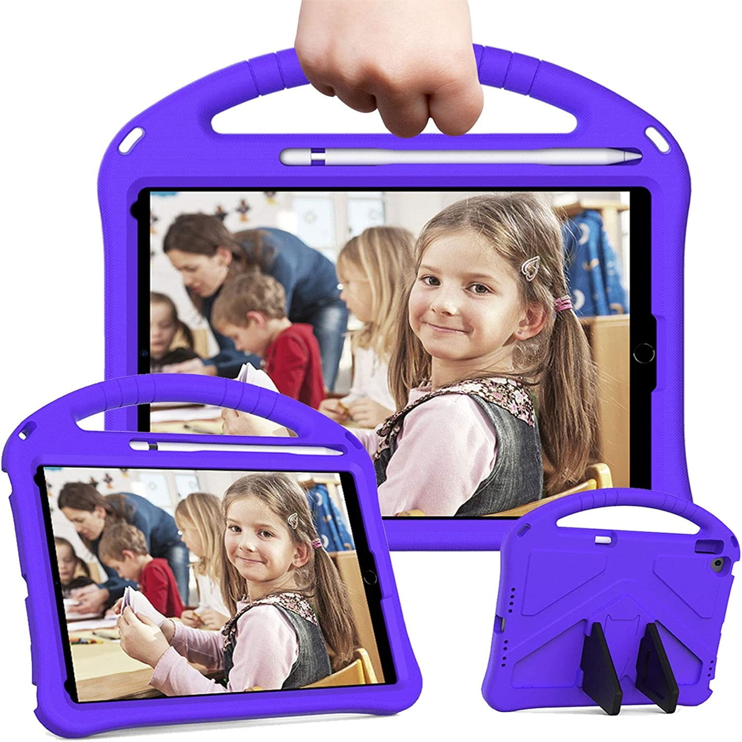Cowithday Kids Case for iPad 9th/8th/7th Generation iPad 10.2 (2021/2020/2019) with Kickstand/Handle Stand/Pencil Holder [Screen Protector] Lightweight Soft EVA Foam Shockproof Cover Boy Girl,Purple
