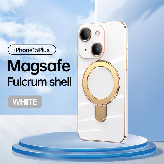 Cowithday Mag-Stand Designed for iPhone 15 Plus Case with Camera Lens Protector, [All-in-1] [Compatible with MagSafe] Ring Kickstand Plated TPU Luxury Phone Cover for iPhone 15 Plus 6.7 inch, White