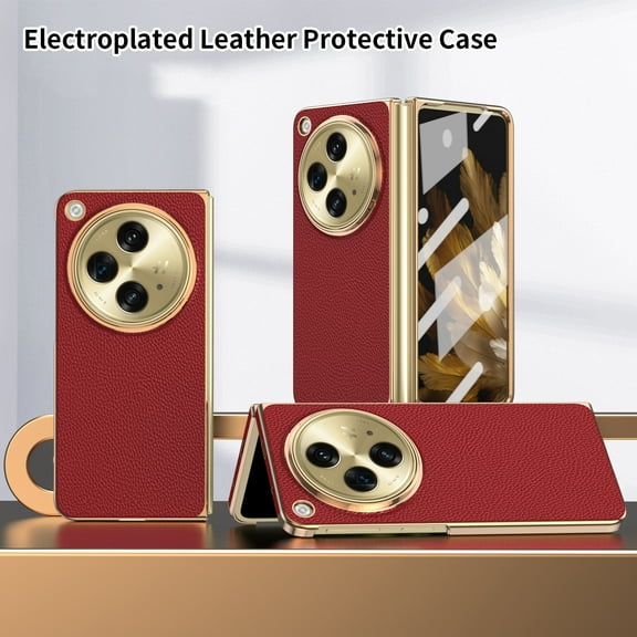 Cowithday for OnePlus Open Case with Buildt-in Screen Protector, Premium PU Leather Electroplated PC Ultra Slim Anti-Scratch Shockproof Full Body Cover Protective Phone Case for 1+ Open, Red