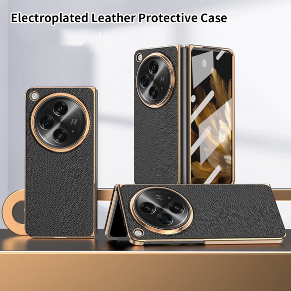 Cowithday for OnePlus Open Case with Buildt-in Screen Protector, Premium PU Leather Electroplated PC Ultra Slim Anti-Scratch Shockproof Full Body Cover Protective Phone Case for 1+ Open, Black