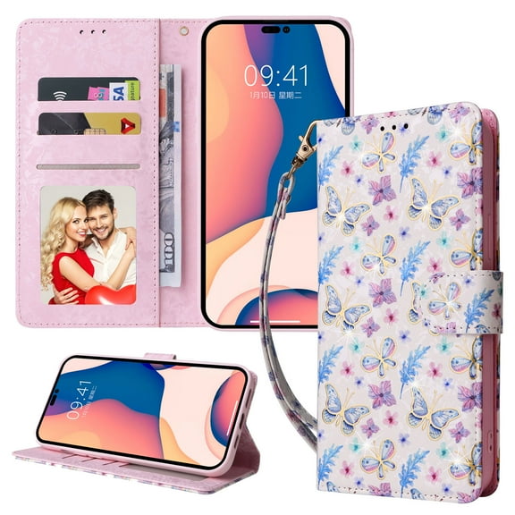 Cowithday Phone Case for Galaxy S22 Plus 5G, for Samsung S22+ 5G Wallet Case, PU Leather [RFID Blocking][Wrist Strap][Kickstand] Magnetic Shockproof Folio Cover for Samsung Galaxy S22 Plus,Butterflies