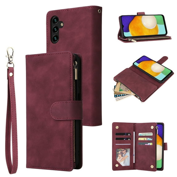 Cowithday Phone Case for Samsung Galaxy A54 5G, Galaxy A54 Wallet Case with Zipper for Women and Men, PU Leather Magnetic Buckle Flip Kickstand Closure Wrist Strap Zipper Card Holder Cases, Winered