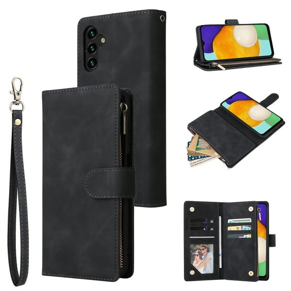 Cowithday Phone Case for Samsung Galaxy A54 5G, Galaxy A54 Wallet Case with Zipper for Women and Men, PU Leather Magnetic Buckle Flip Kickstand Closure Wrist Strap Zipper Card Holder Cases, Black