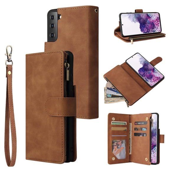 Cowithday Phone Case for Samsung Galaxy S21+, Galaxy S21 Plus Wallet Case with Zipper for Women and Men, PU Leather Magnetic Flip Kickstand Closure Wrist Strap Zipper Card Holder Phone Cases, Brown