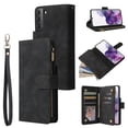 thumbnail image 1 of Cowithday Phone Case for Samsung Galaxy S21+, Galaxy S21 Plus Wallet Case with Zipper for Women and Men, PU Leather Magnetic Flip Kickstand Closure Wrist Strap Zipper Card Holder Phone Cases, Black, 1 of 8