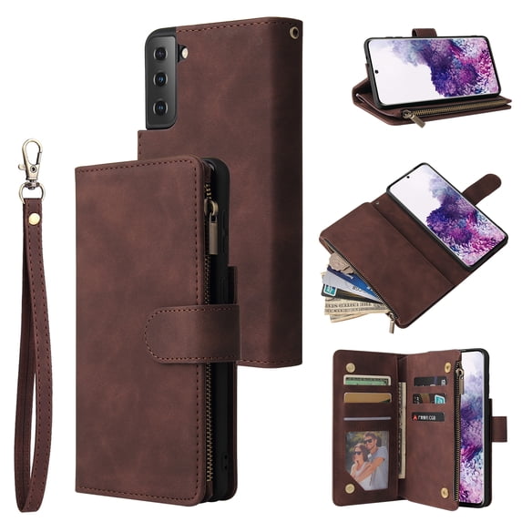 Cowithday Phone Case for Samsung Galaxy S21+, Galaxy S21 Plus Wallet Case with Zipper for Women and Men, PU Leather Magnetic Flip Kickstand Closure Wrist Strap Zipper Card Holder Phone Cases, Coffee